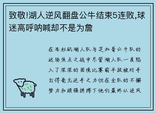 致敬!湖人逆风翻盘公牛结束5连败,球迷高呼呐喊却不是为詹