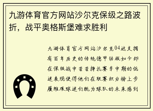 九游体育官方网站沙尔克保级之路波折，战平奥格斯堡难求胜利