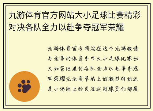 九游体育官方网站大小足球比赛精彩对决各队全力以赴争夺冠军荣耀